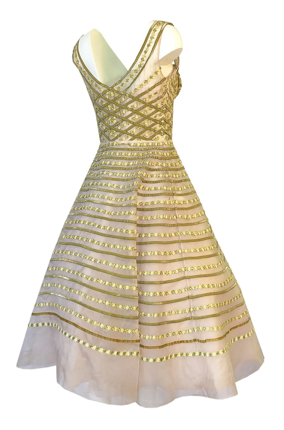 1950s Ceil Chapman Basket Weave Velvet Floral Ribbon Silk Organza Dress