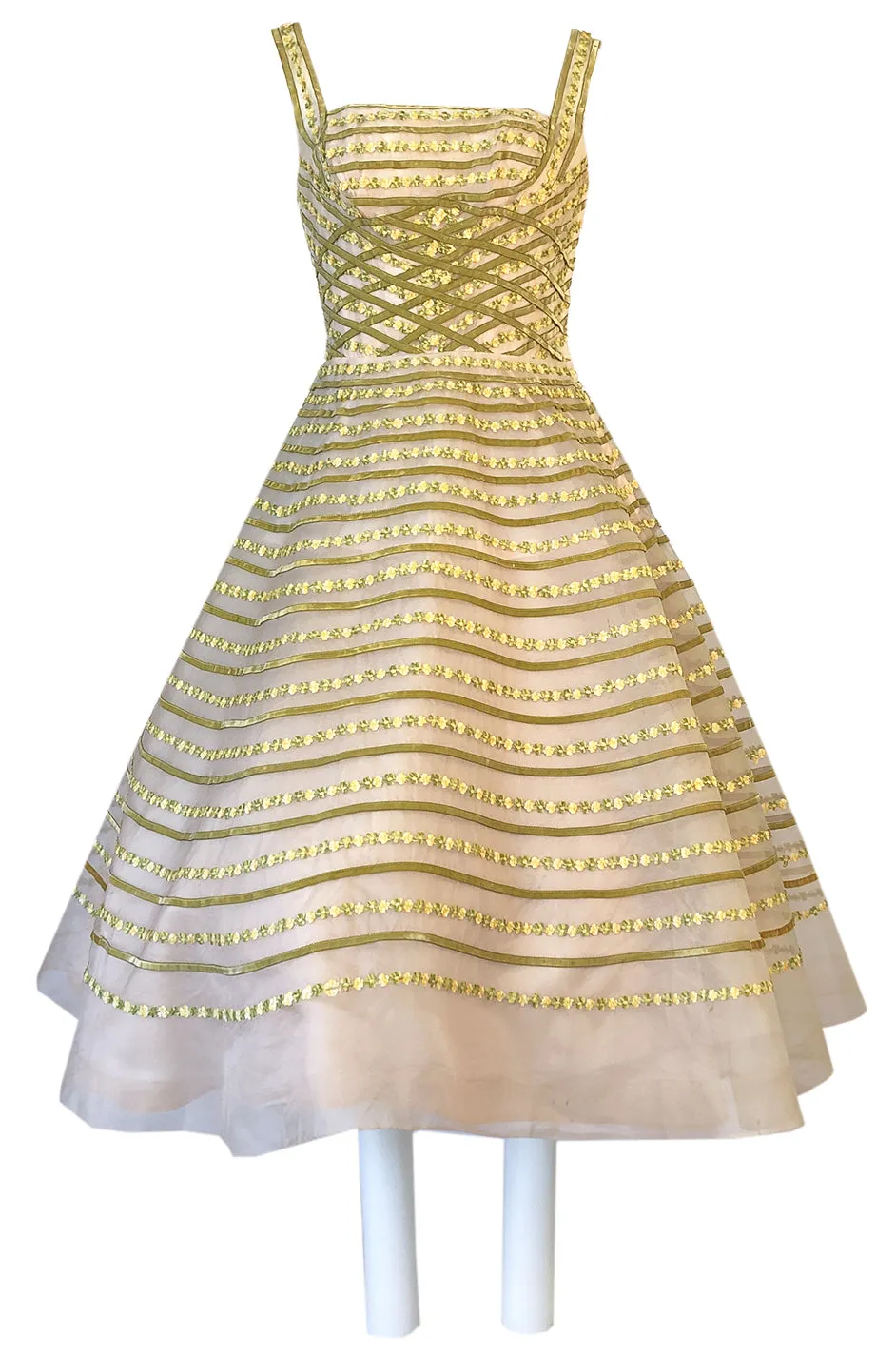 1950s Ceil Chapman Basket Weave Velvet Floral Ribbon Silk Organza Dress