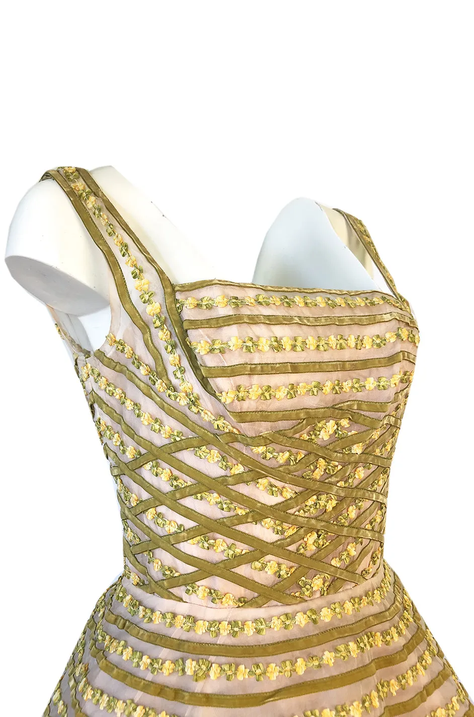 1950s Ceil Chapman Basket Weave Velvet Floral Ribbon Silk Organza Dress