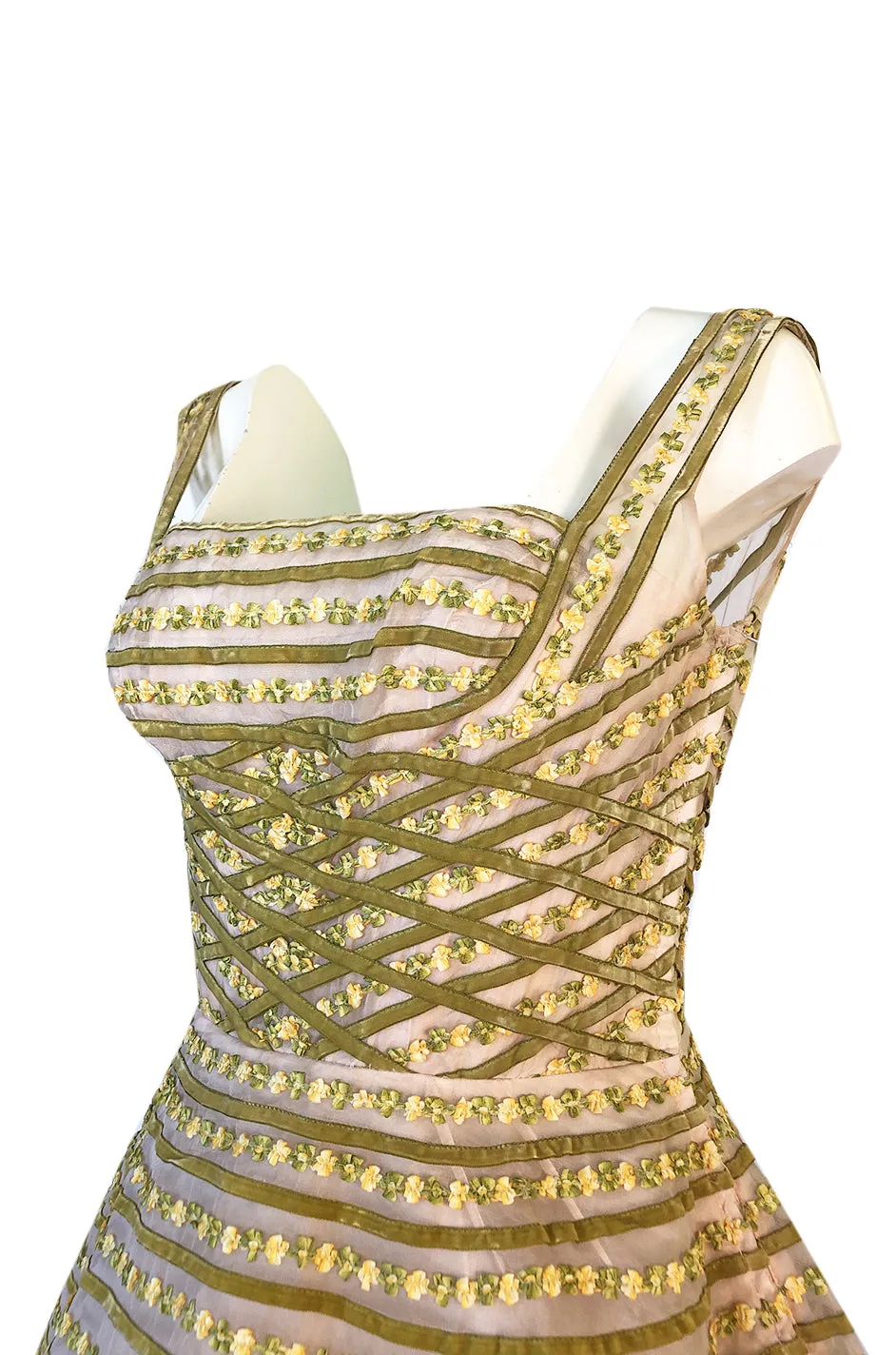 1950s Ceil Chapman Basket Weave Velvet Floral Ribbon Silk Organza Dress
