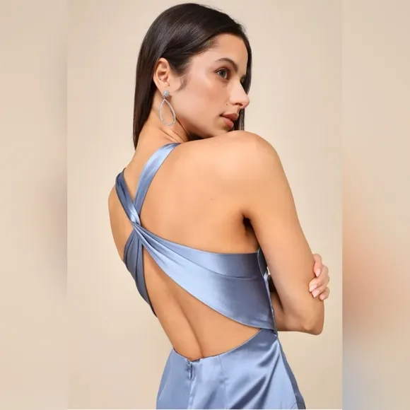 #197 Purely Elegant Slate Blue Satin Twist-Back Maxi Dress