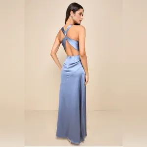 #197 Purely Elegant Slate Blue Satin Twist-Back Maxi Dress