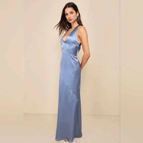 #197 Purely Elegant Slate Blue Satin Twist-Back Maxi Dress