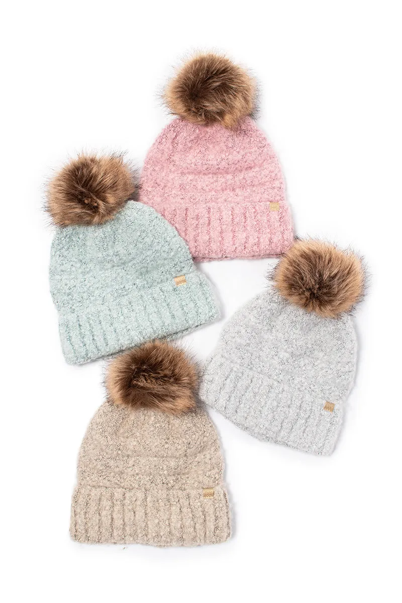ABB1579 - Brushed boucle beanie with faux fur pom