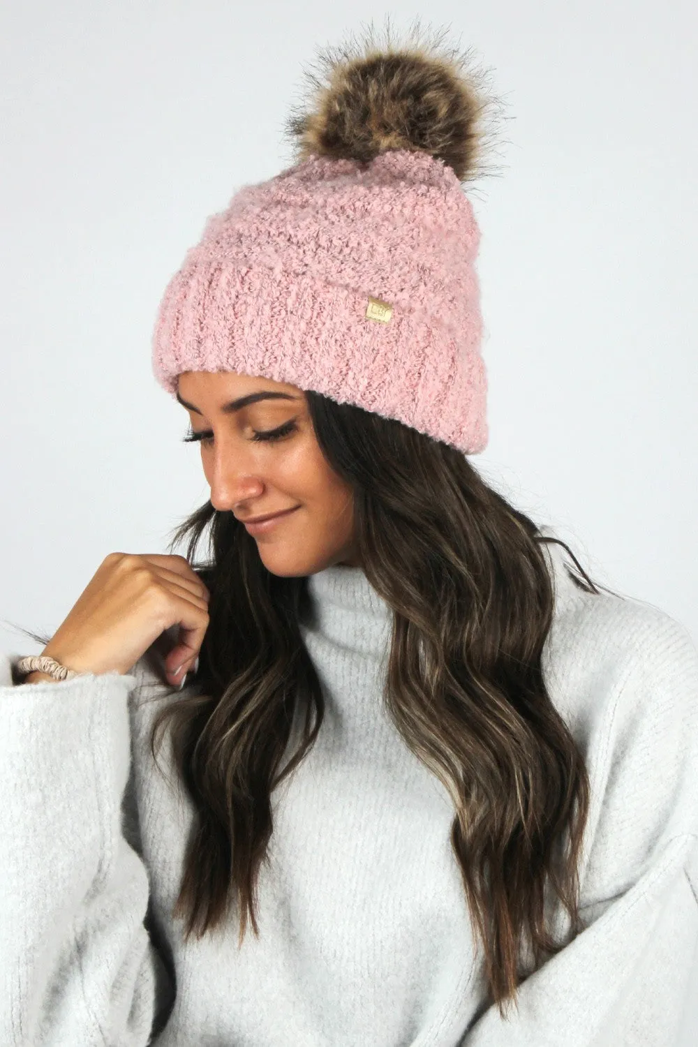 ABB1579 - Brushed boucle beanie with faux fur pom