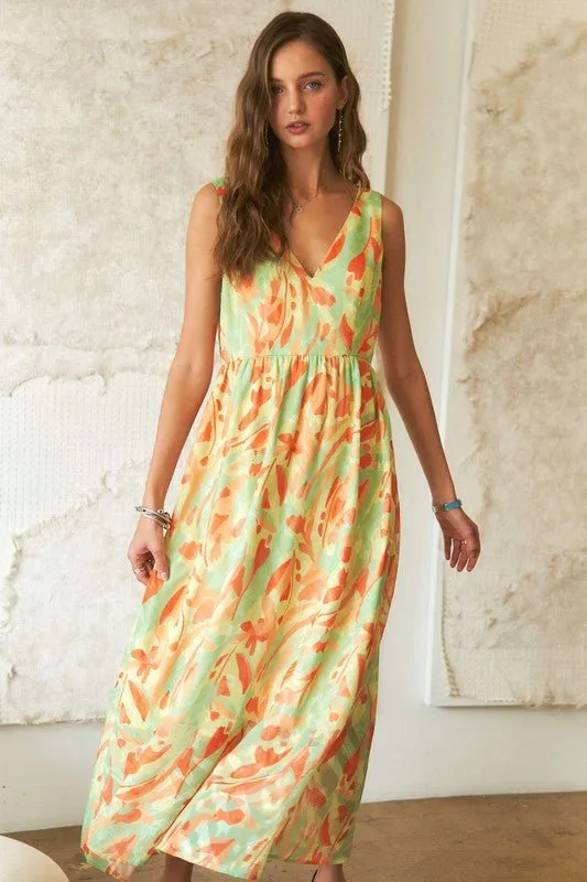 Abstract Floral V-Neck Maxi Dress