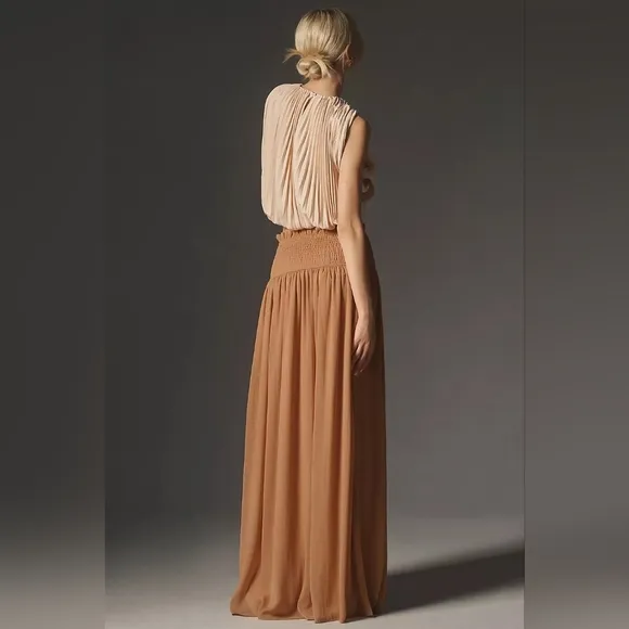 Anthropologie Smocked Sheer Maxi Skirt Tan