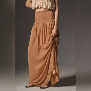 Anthropologie Smocked Sheer Maxi Skirt Tan