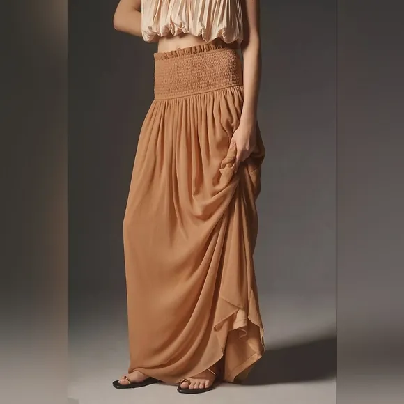 Anthropologie Smocked Sheer Maxi Skirt Tan
