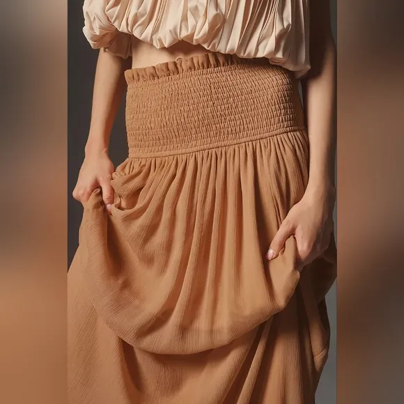 Anthropologie Smocked Sheer Maxi Skirt Tan