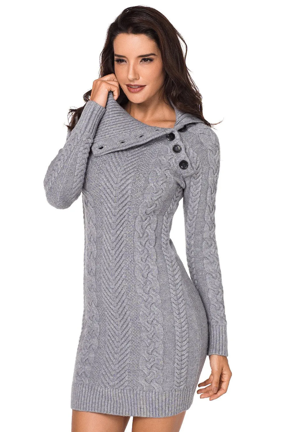 Asymmetric Buttoned Collar Grey Bodycon Dress