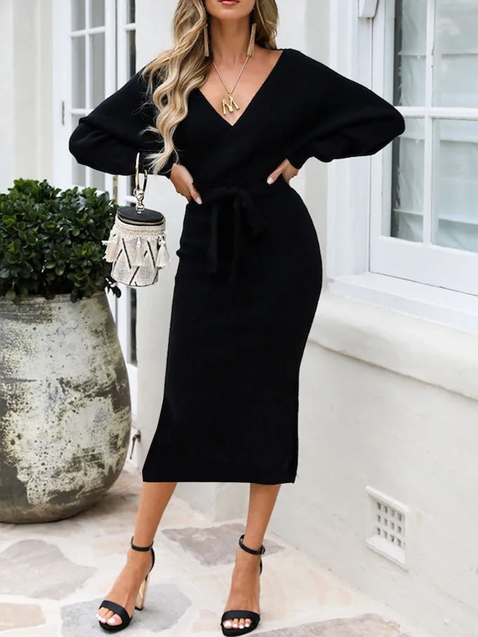 Autumn and Winter Fashion Dress Solid Color Bat Sleeve Dress