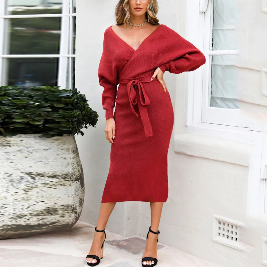 Autumn and Winter Fashion Dress Solid Color Bat Sleeve Dress