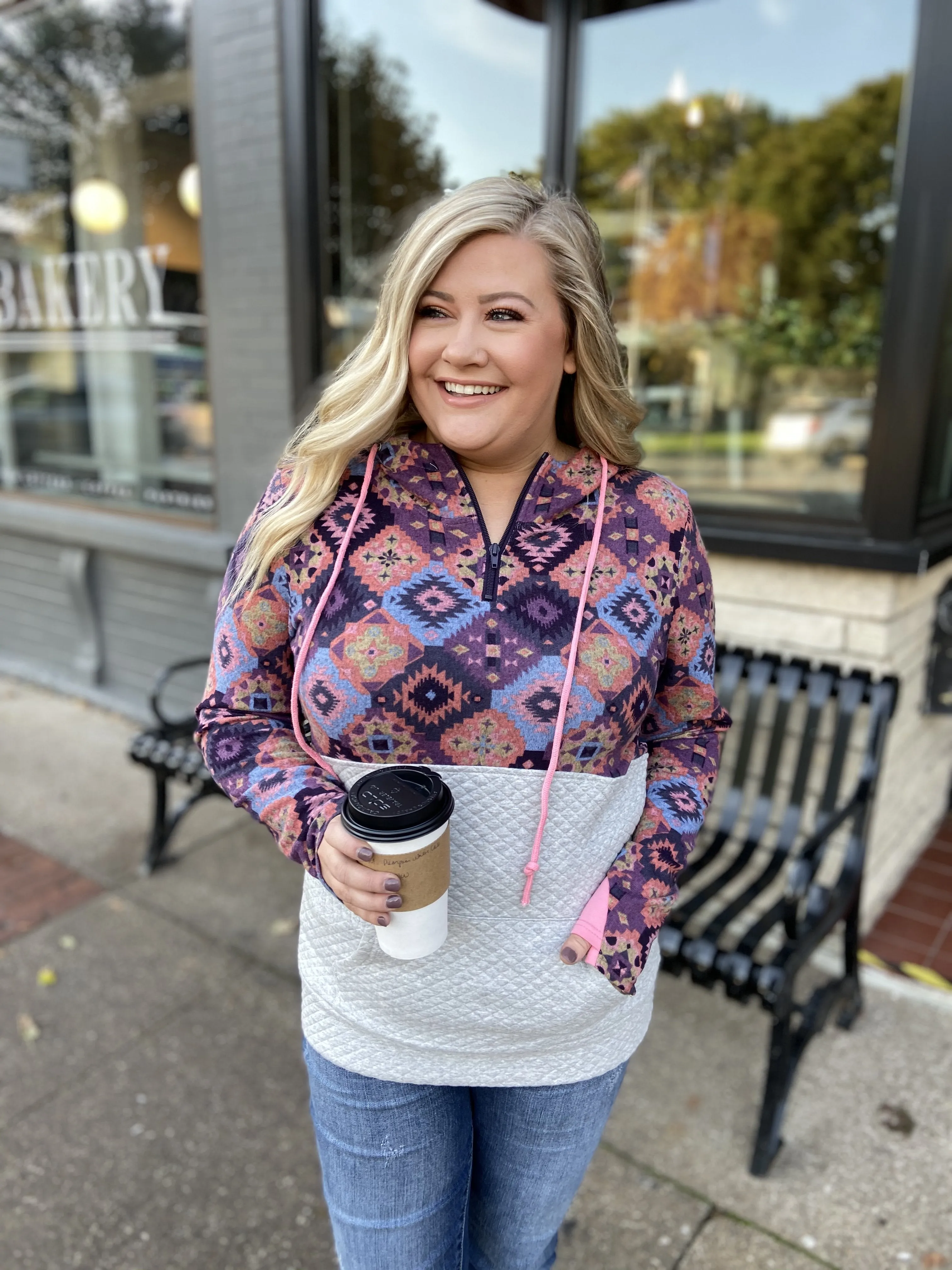 Aztec Quilted Drawstring Hoodie- Grey, Pink, & Purple Tones