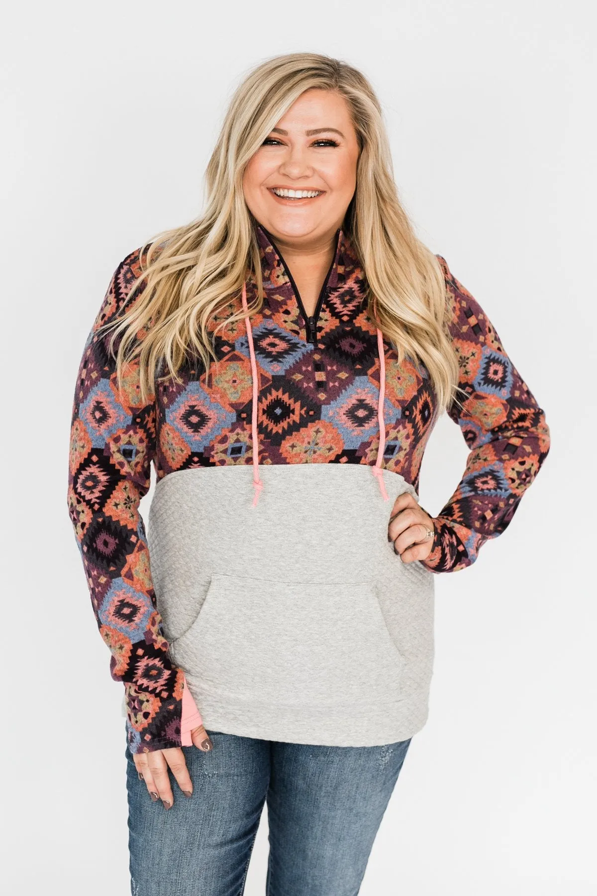 Aztec Quilted Drawstring Hoodie- Grey, Pink, & Purple Tones