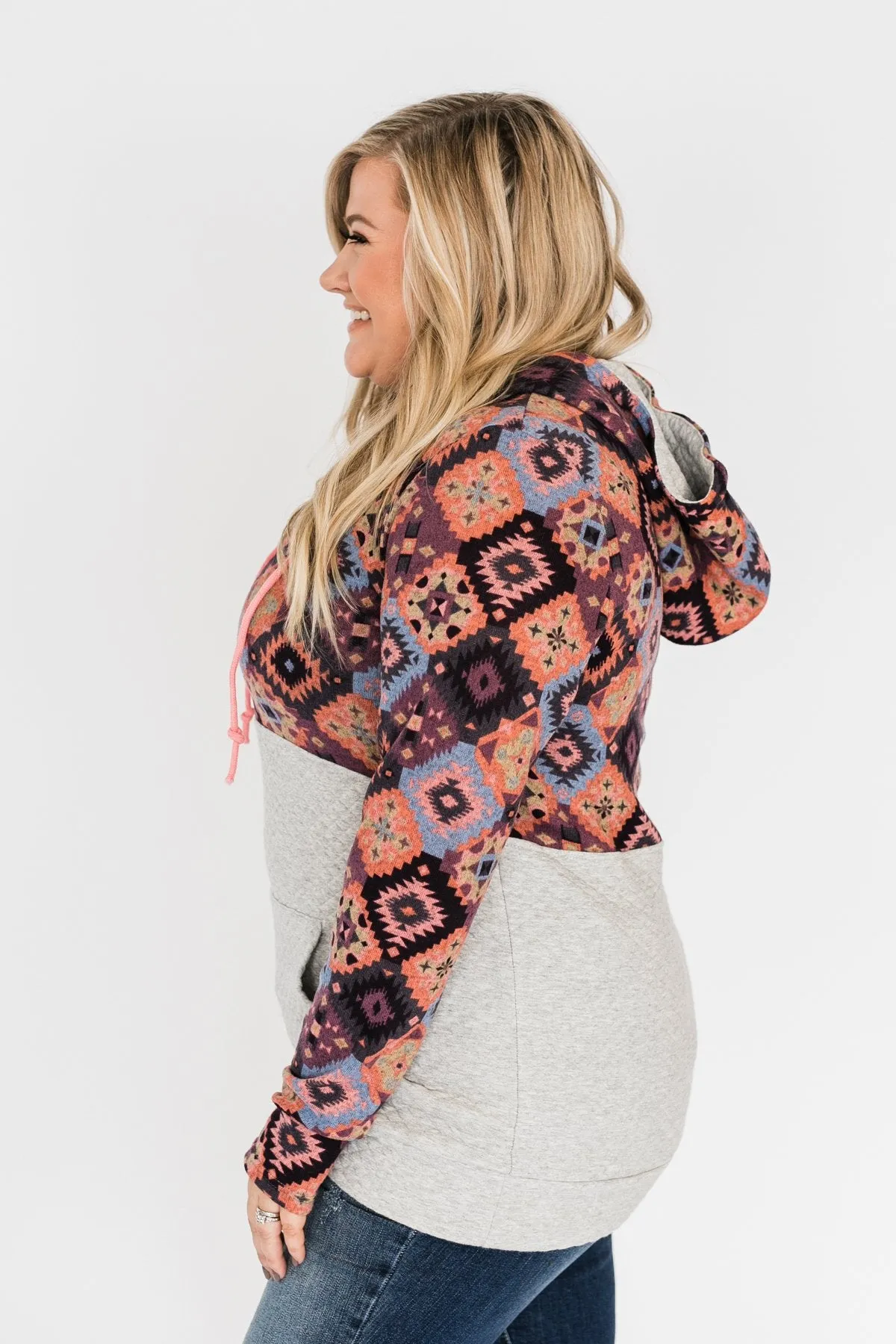 Aztec Quilted Drawstring Hoodie- Grey, Pink, & Purple Tones