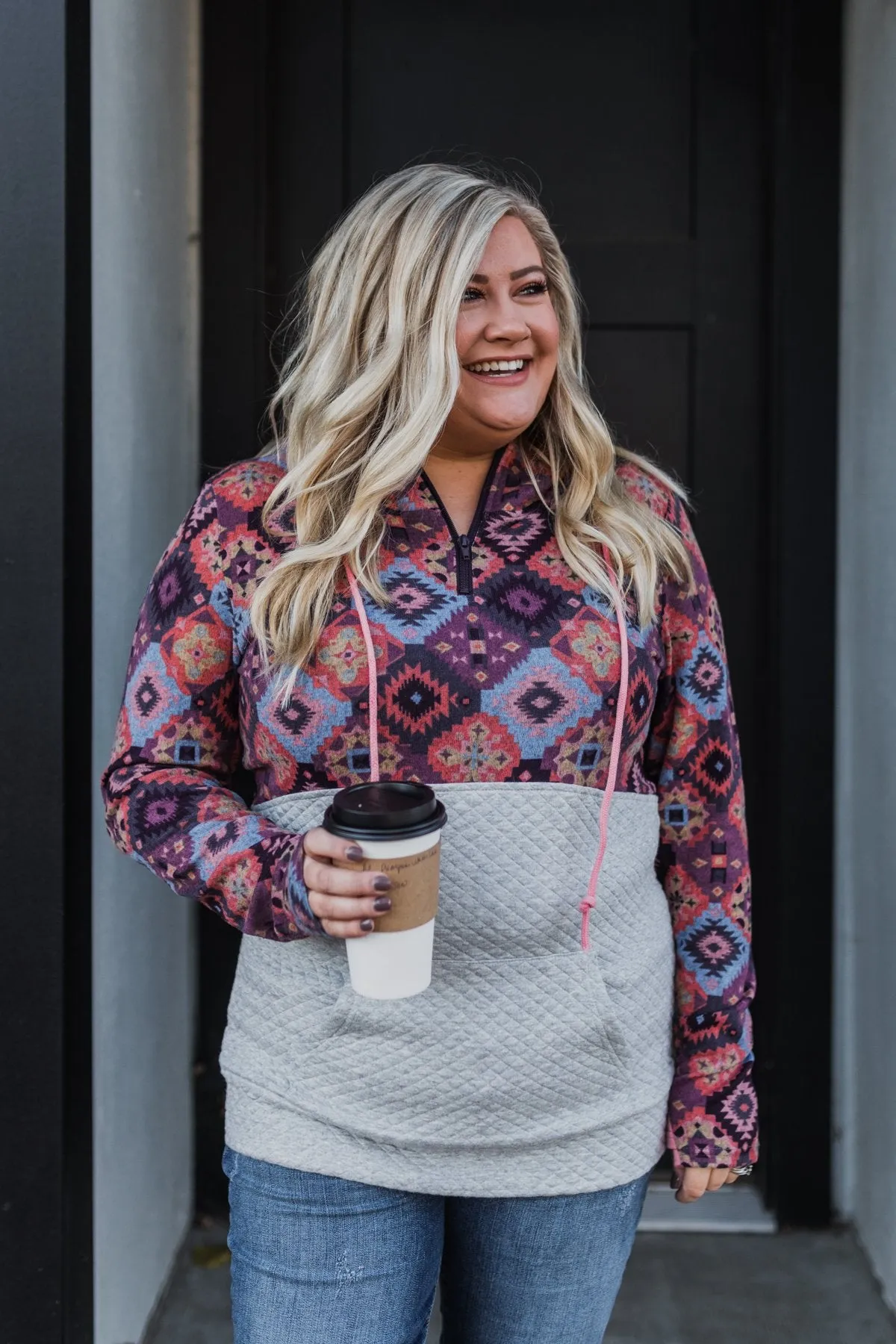 Aztec Quilted Drawstring Hoodie- Grey, Pink, & Purple Tones