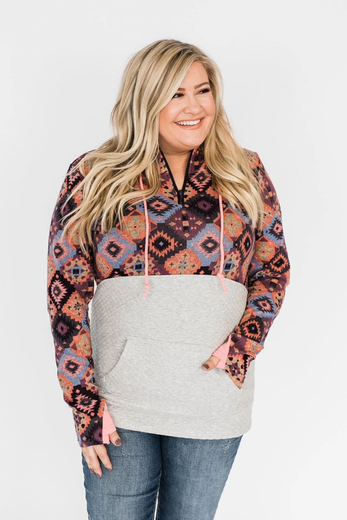 Aztec Quilted Drawstring Hoodie- Grey, Pink, & Purple Tones