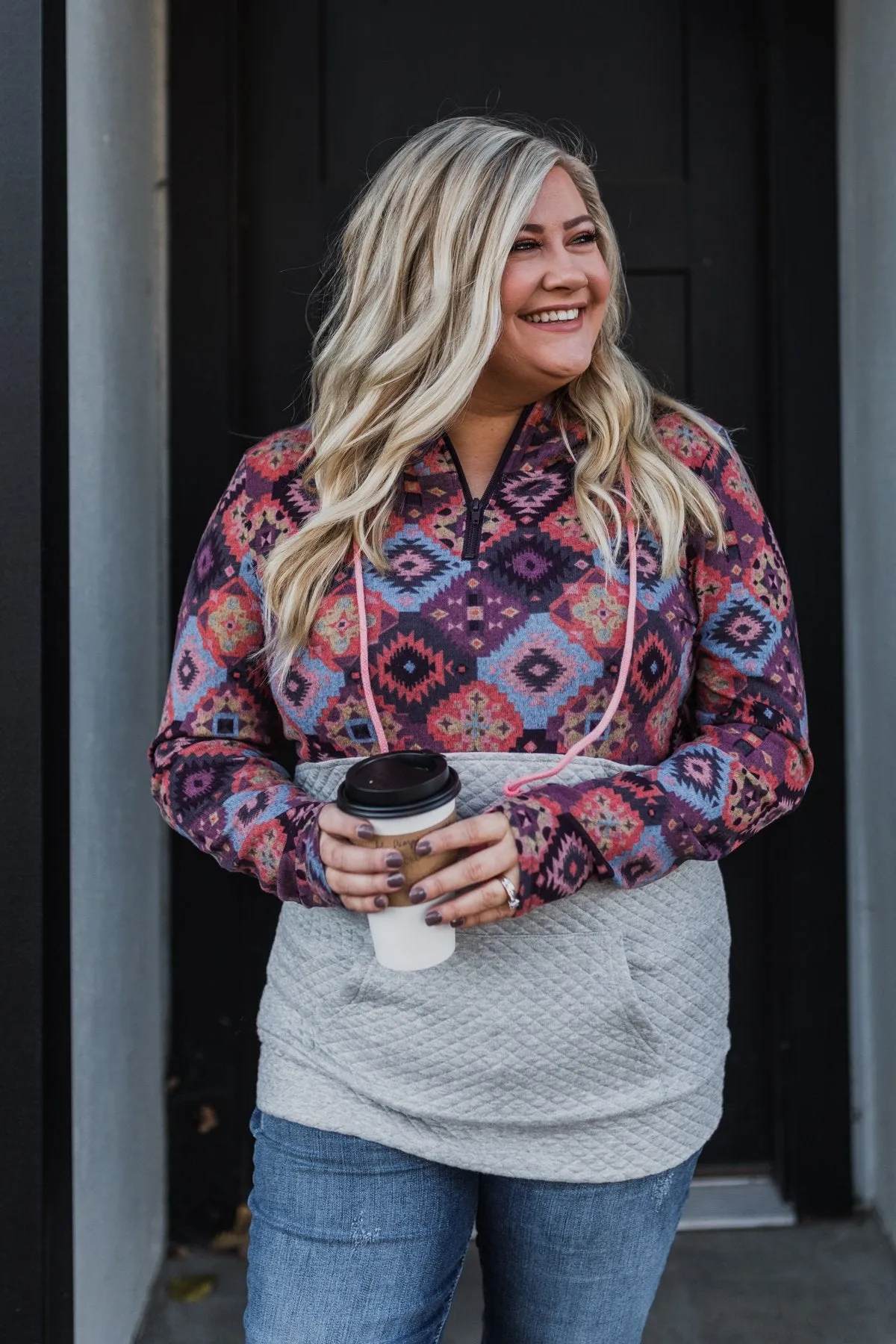 Aztec Quilted Drawstring Hoodie- Grey, Pink, & Purple Tones