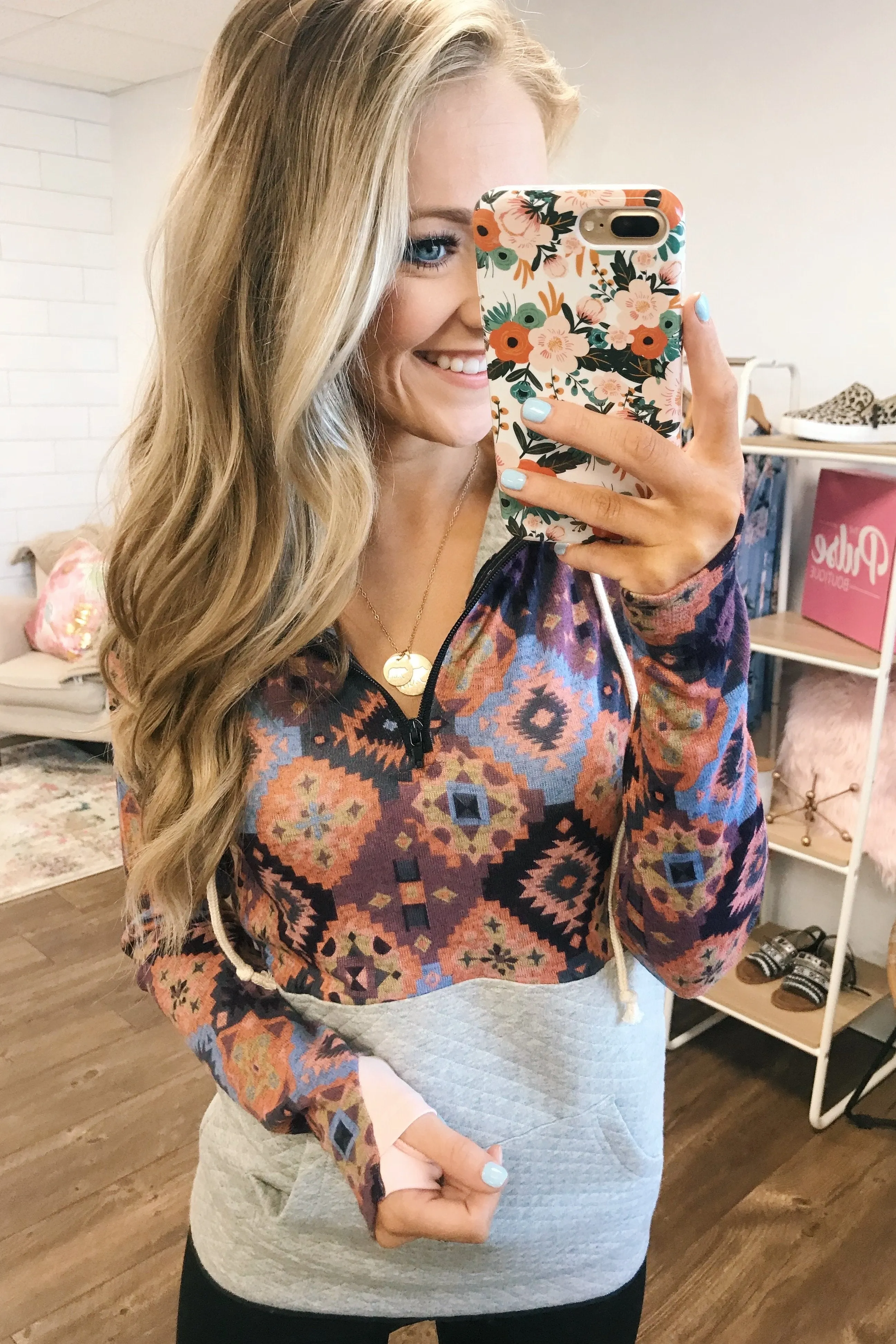 Aztec Quilted Drawstring Hoodie- Grey, Pink, & Purple Tones