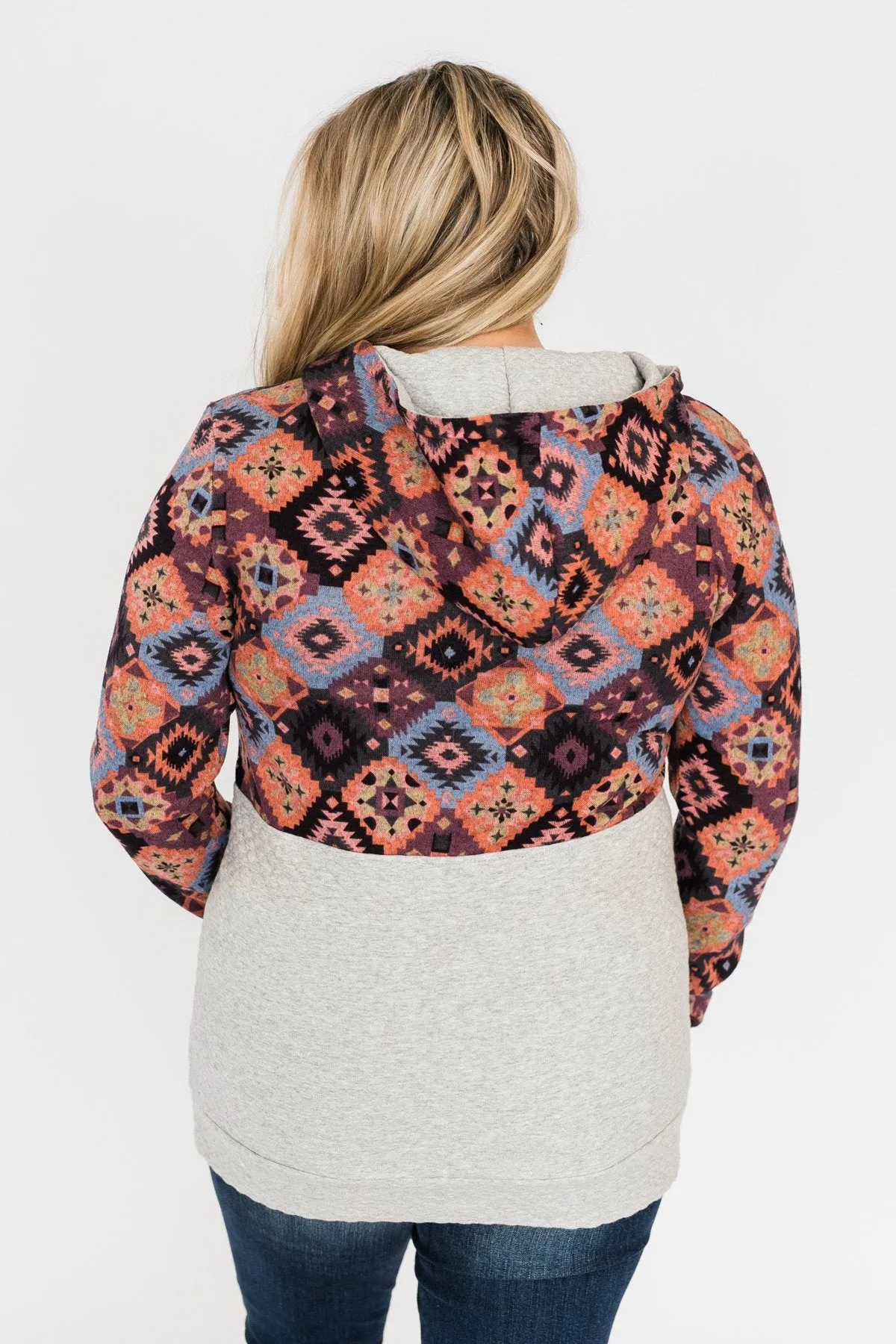 Aztec Quilted Drawstring Hoodie- Grey, Pink, & Purple Tones