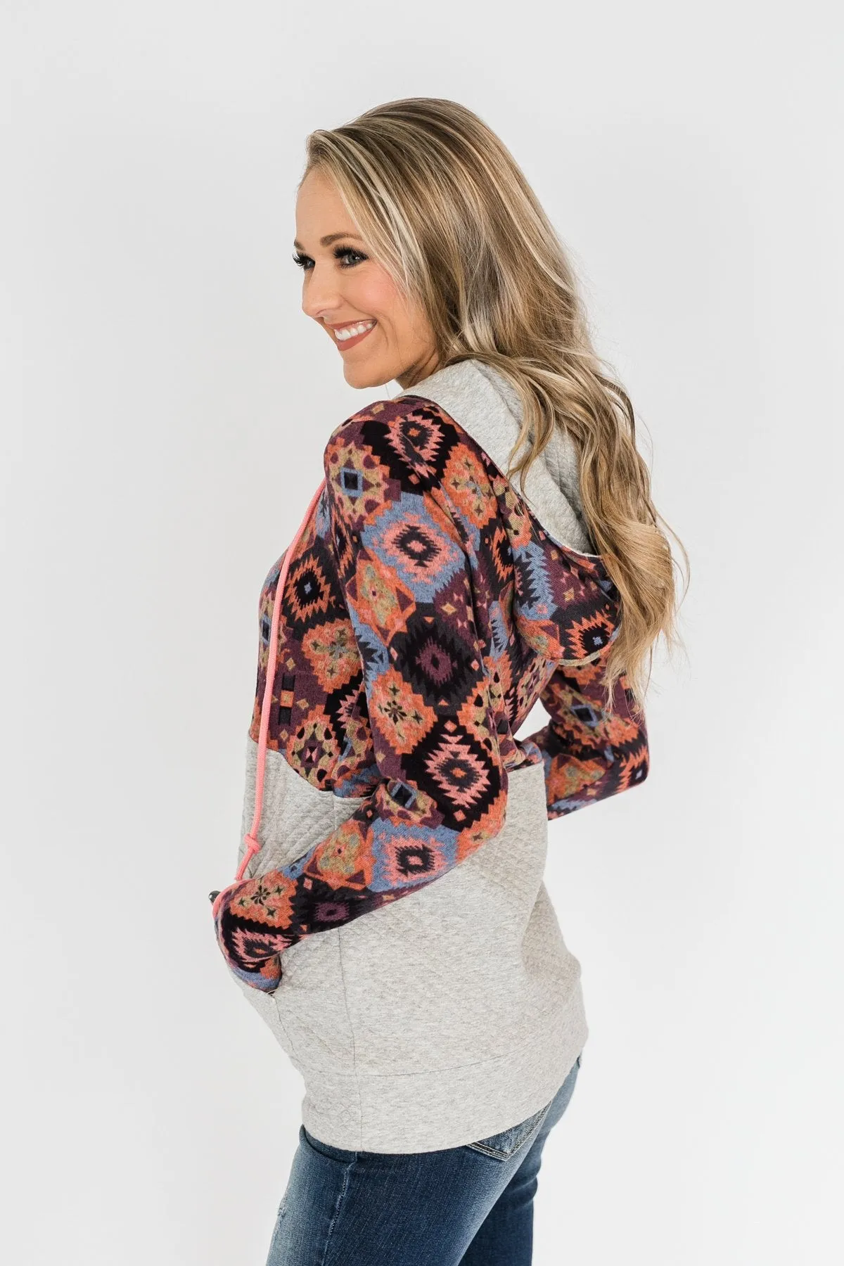 Aztec Quilted Drawstring Hoodie- Grey, Pink, & Purple Tones