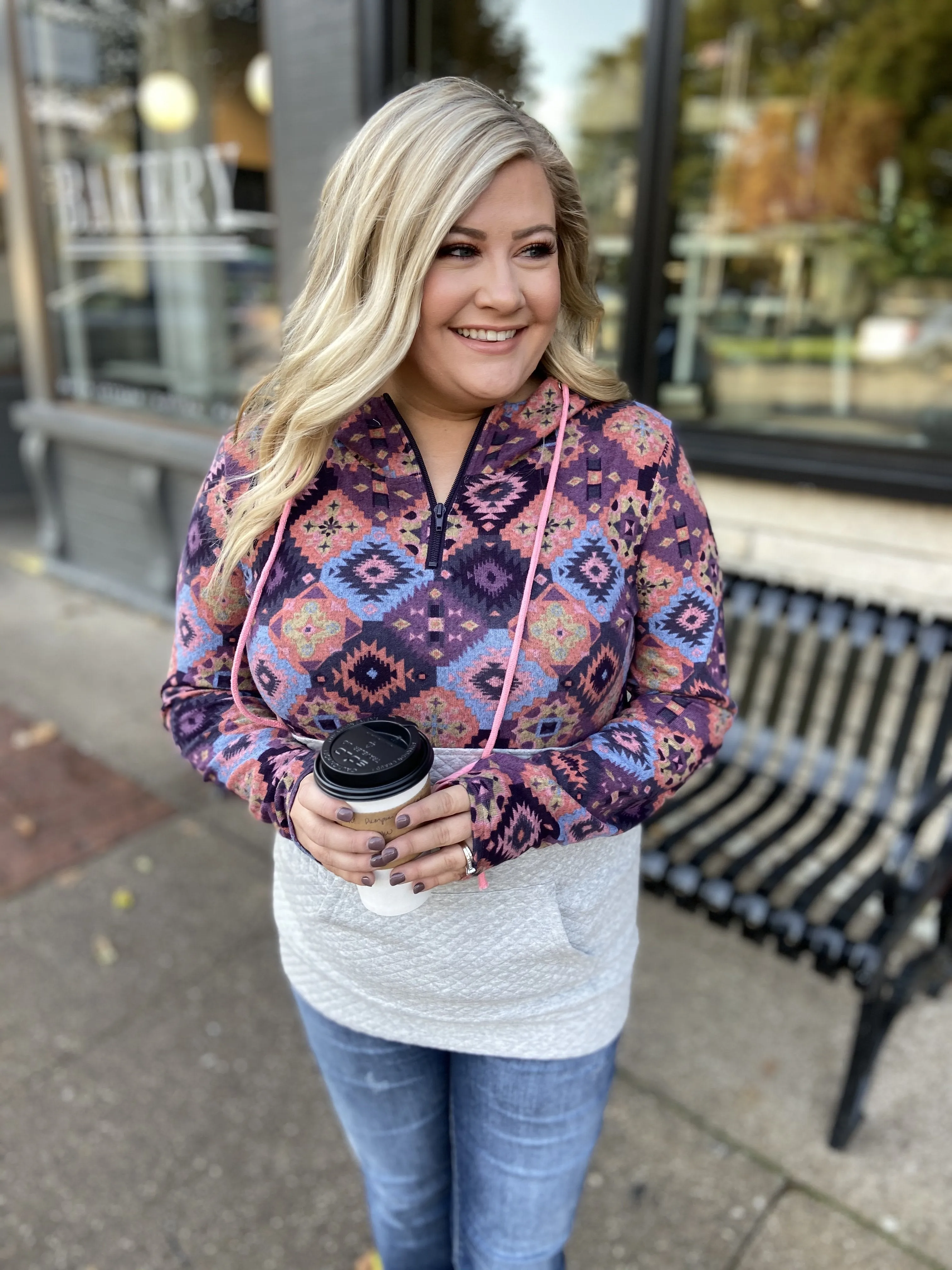 Aztec Quilted Drawstring Hoodie- Grey, Pink, & Purple Tones