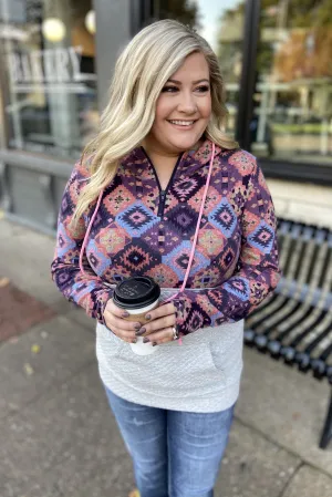 Aztec Quilted Drawstring Hoodie- Grey, Pink, & Purple Tones