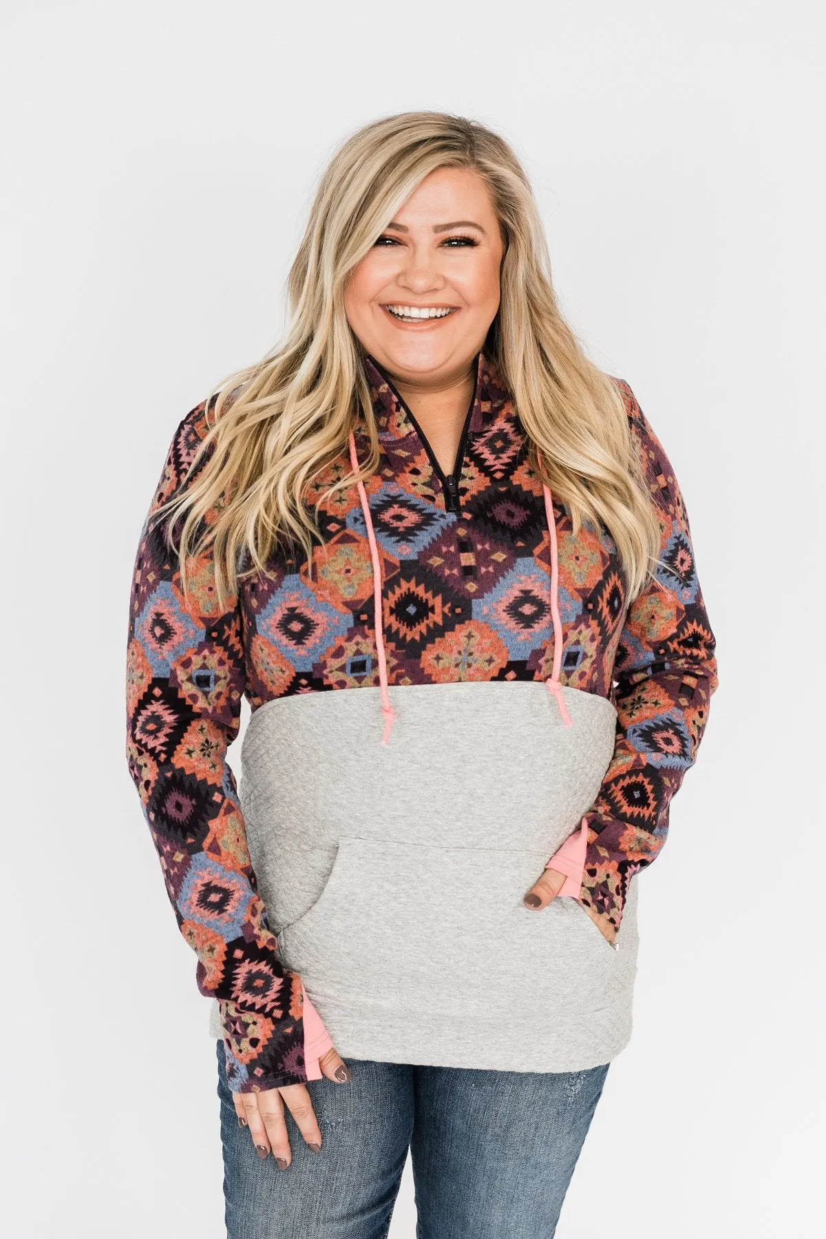Aztec Quilted Drawstring Hoodie- Grey, Pink, & Purple Tones