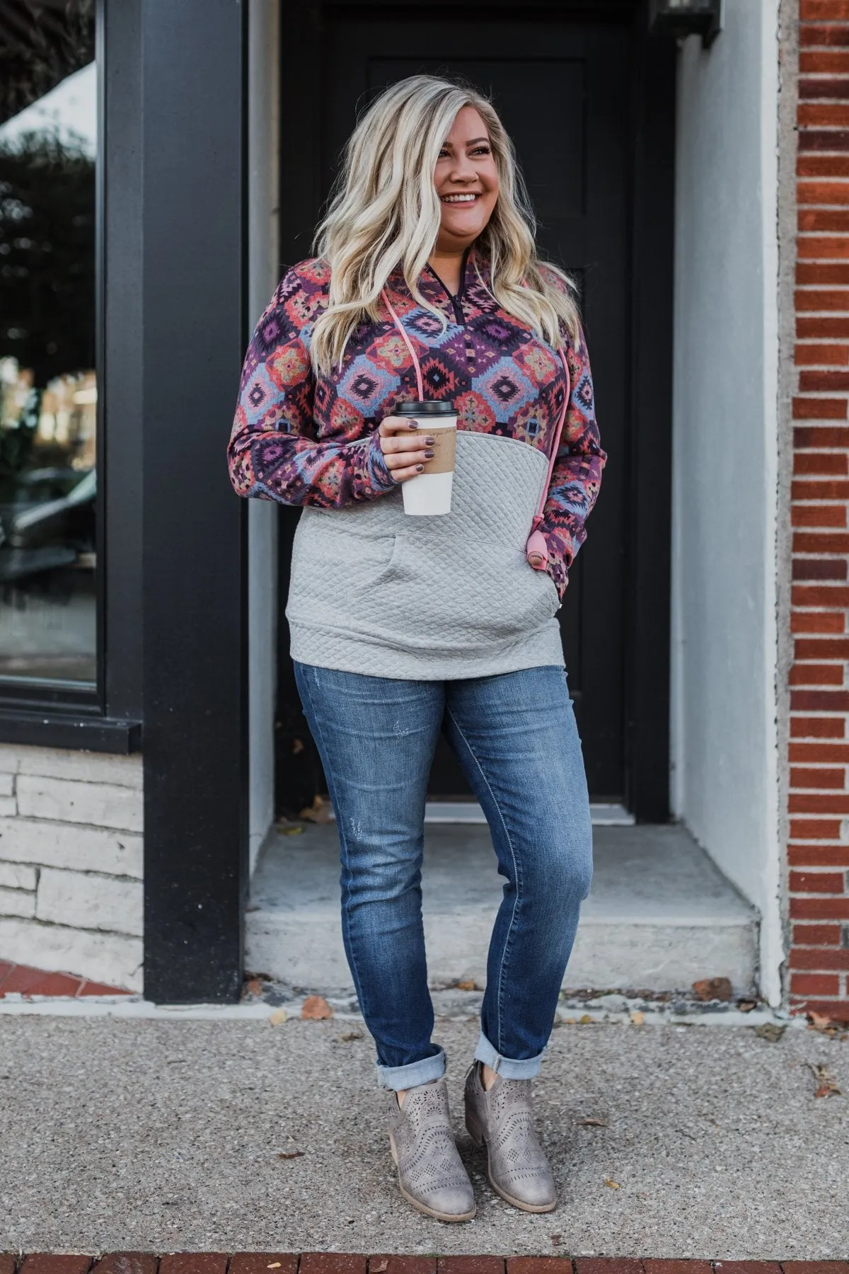 Aztec Quilted Drawstring Hoodie- Grey, Pink, & Purple Tones