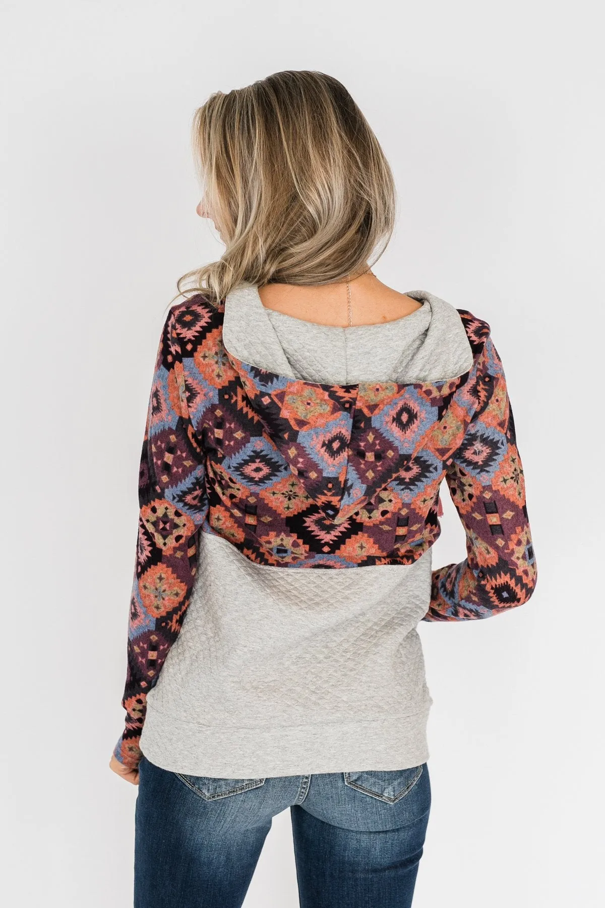 Aztec Quilted Drawstring Hoodie- Grey, Pink, & Purple Tones