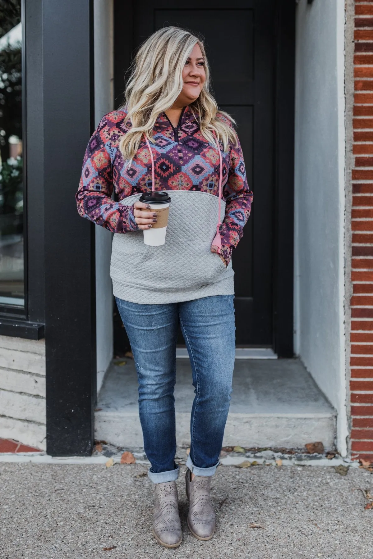 Aztec Quilted Drawstring Hoodie- Grey, Pink, & Purple Tones