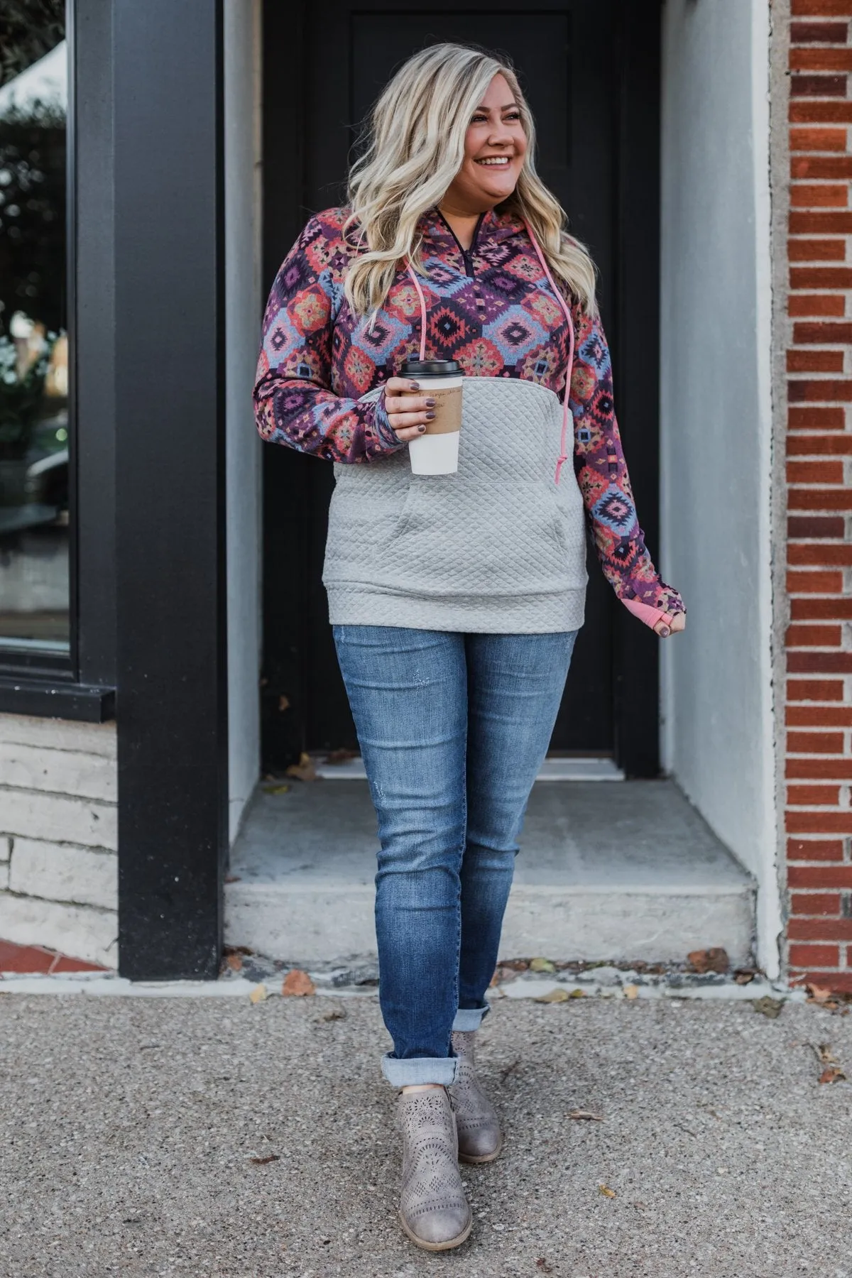 Aztec Quilted Drawstring Hoodie- Grey, Pink, & Purple Tones