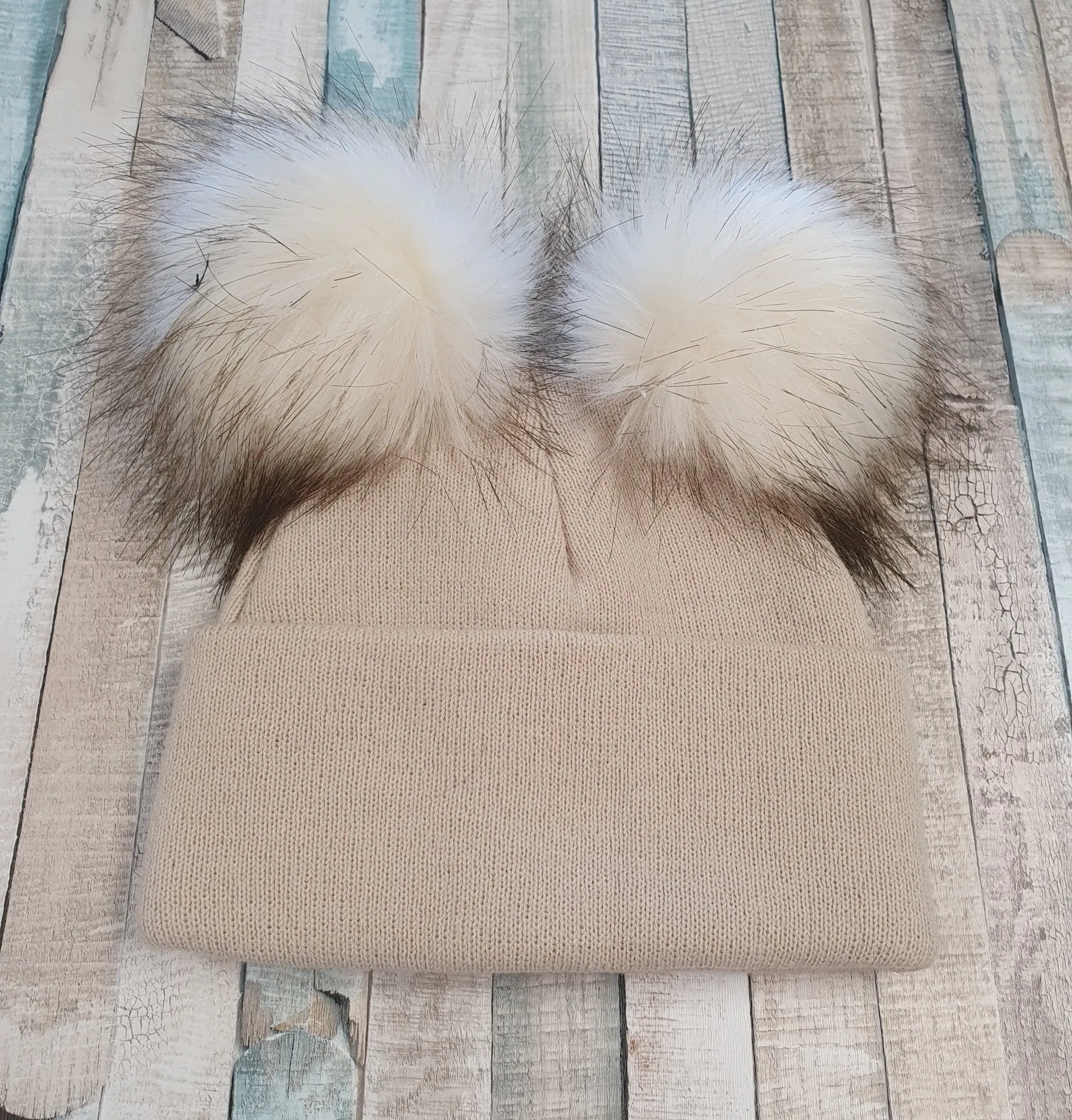 Baby Beige Knitted Double Faux Fur Fluffy Pom Pom Hat
