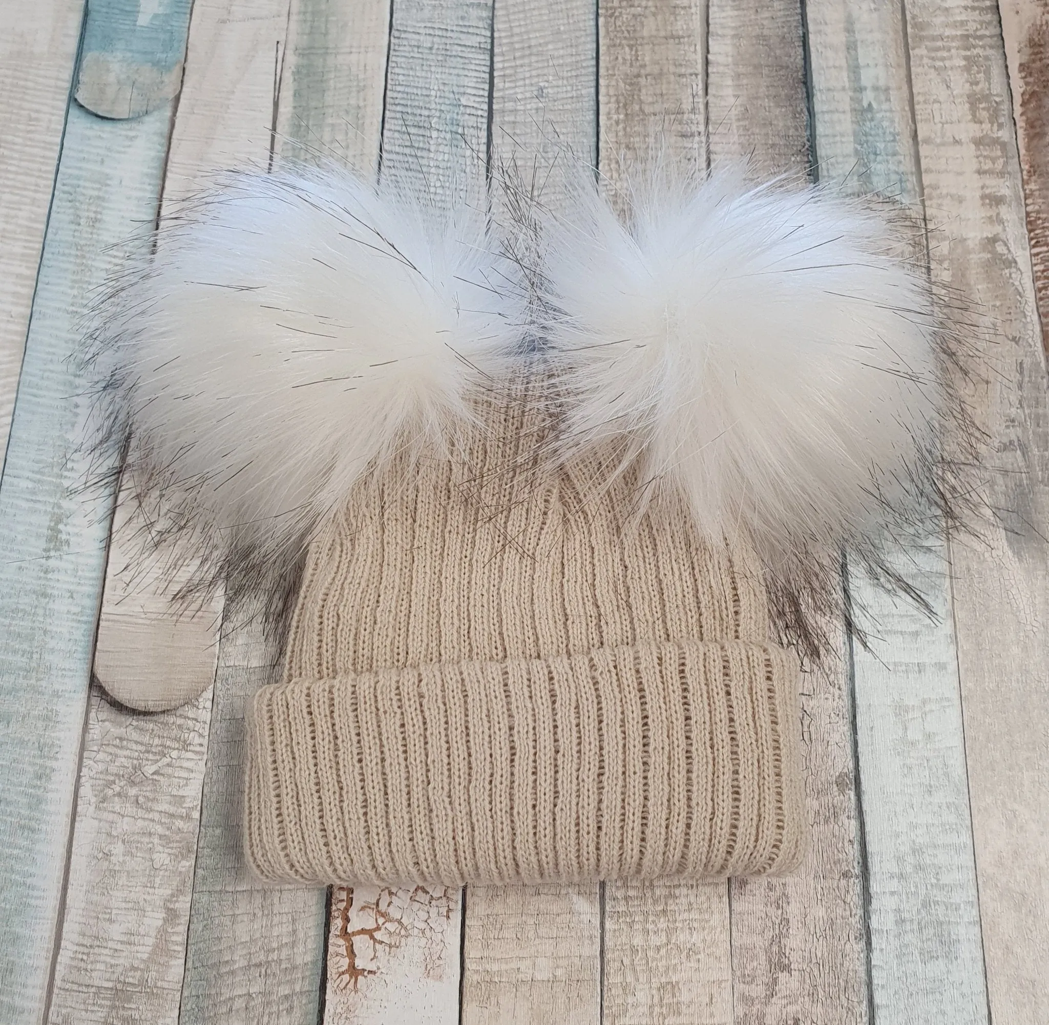 Baby Beige Knitted Double Faux Fur Fluffy Pom Pom Hat