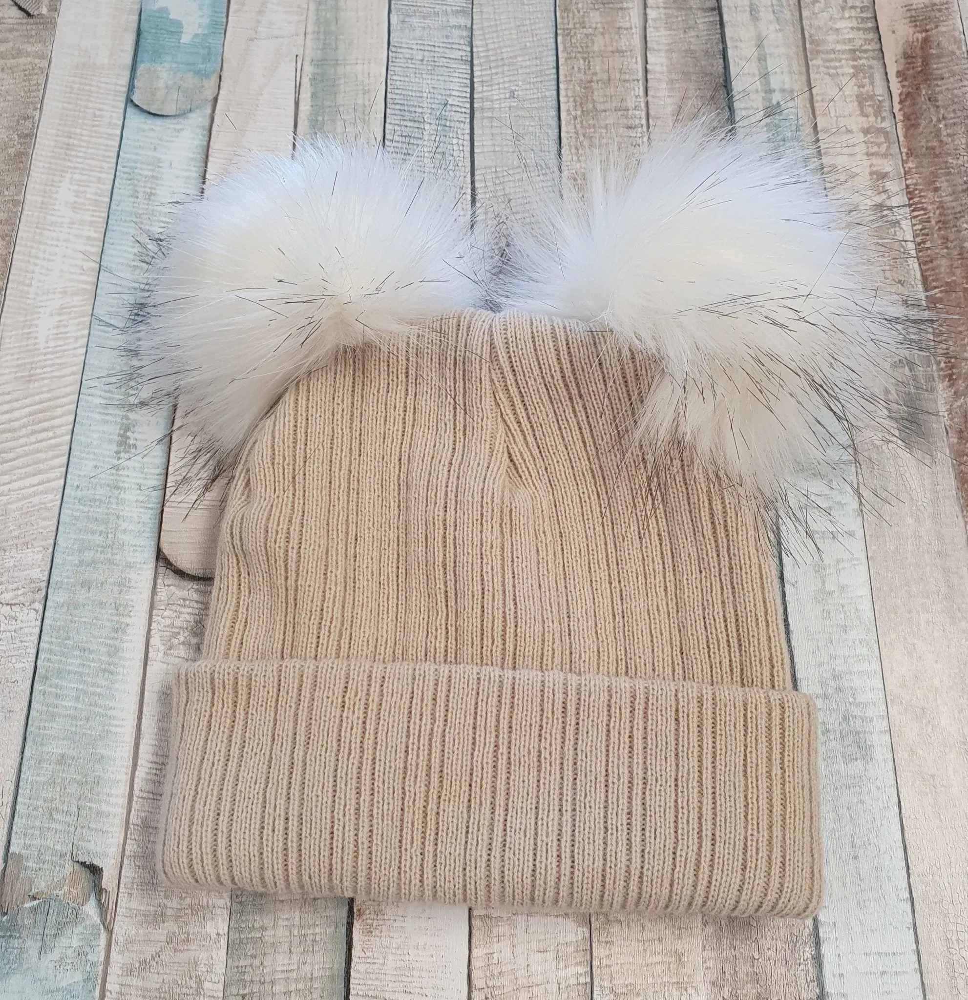 Baby Beige Knitted Double Faux Fur Fluffy Pom Pom Hat