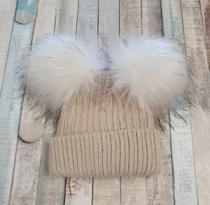 Baby Beige Knitted Double Faux Fur Fluffy Pom Pom Hat