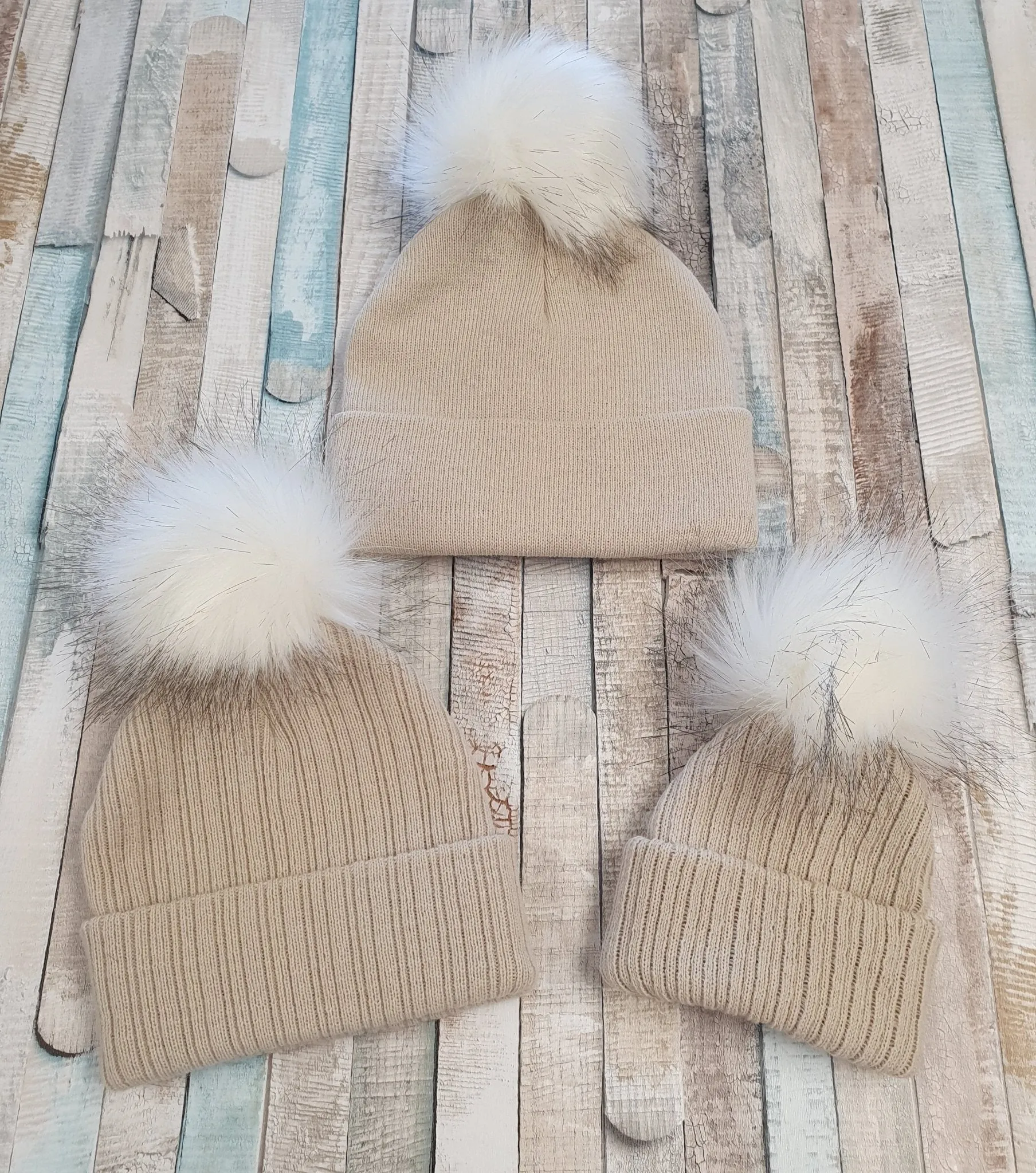 Baby Beige Knitted Single Faux Fur Fluffy Pom Pom Hat