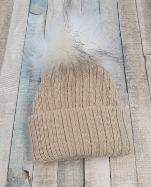 Baby Beige Knitted Single Faux Fur Fluffy Pom Pom Hat