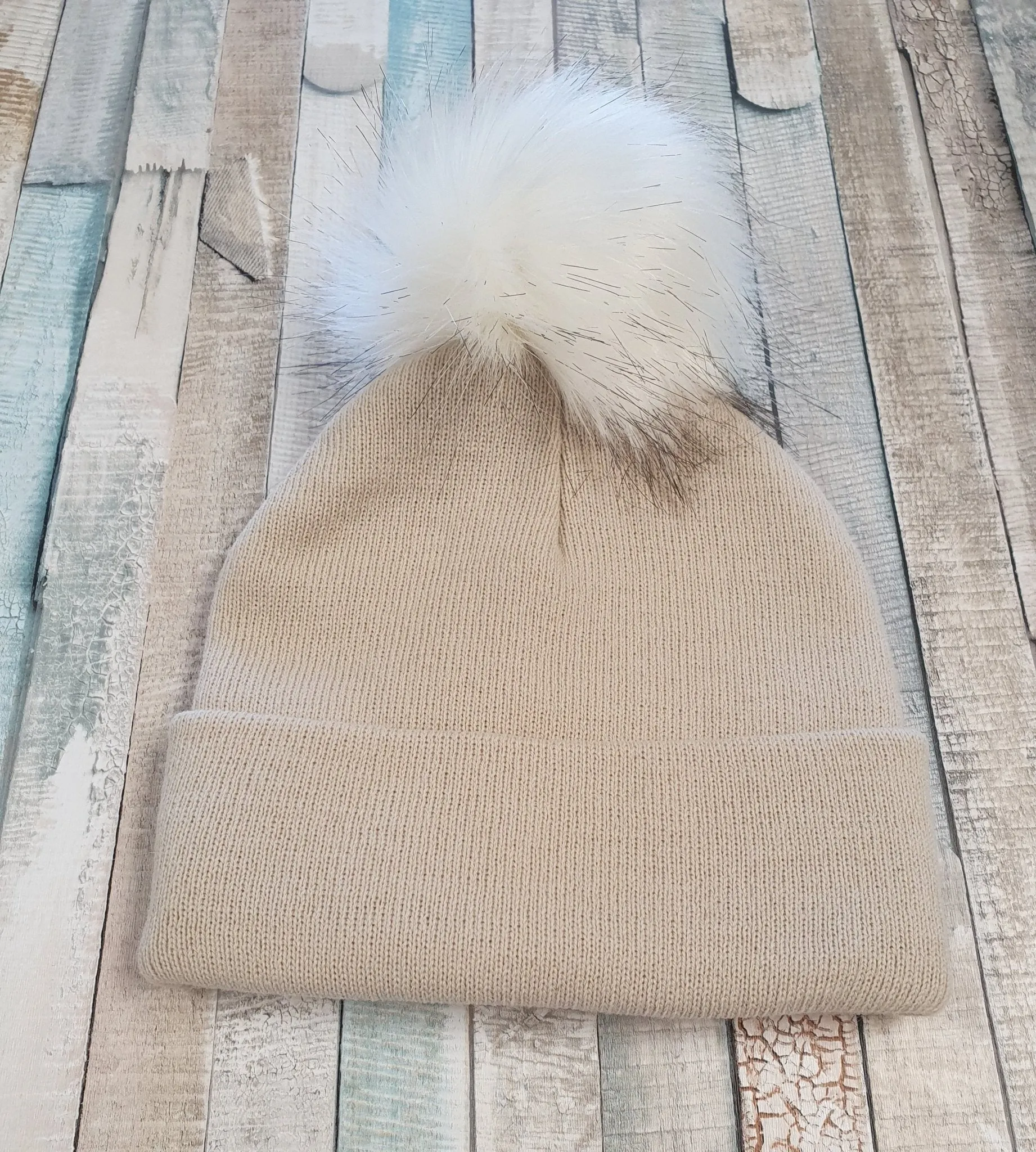 Baby Beige Knitted Single Faux Fur Fluffy Pom Pom Hat