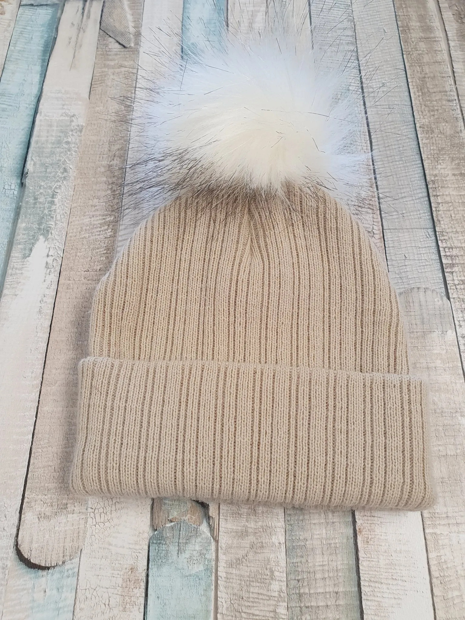 Baby Beige Knitted Single Faux Fur Fluffy Pom Pom Hat