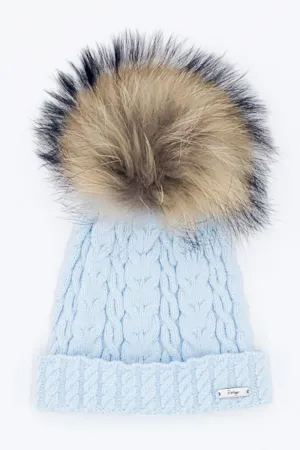 Baby Blue Cable Knit Faux Fur Pom Pom Hat