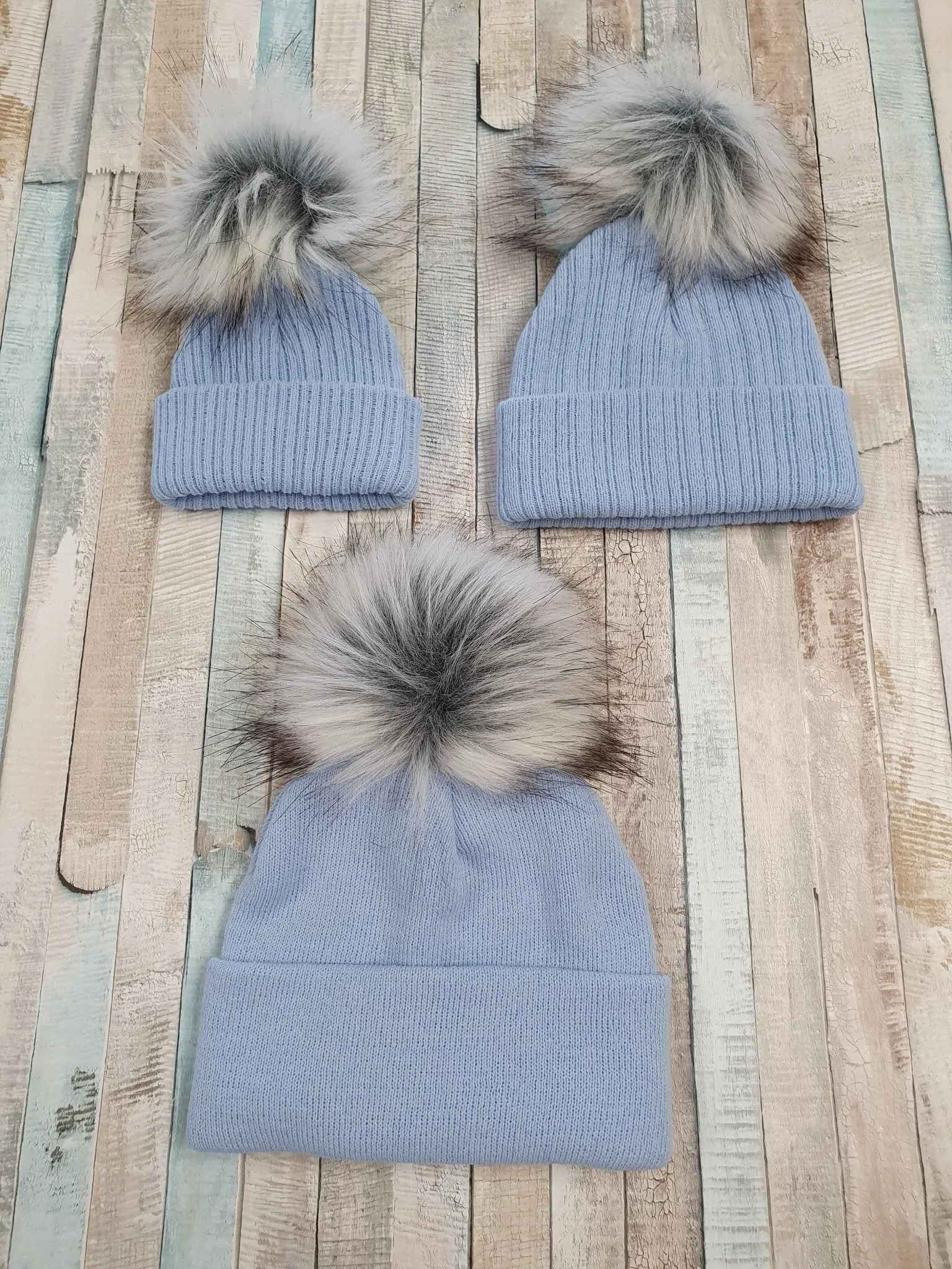 Baby Boys Knitted Blue Single Grey Faux Fur Fluffy Pom Pom Hat