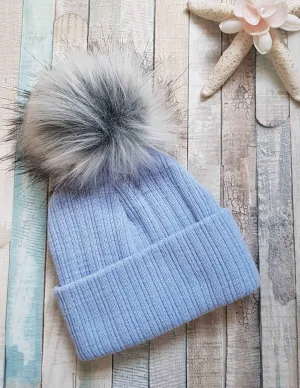 Baby Boys Knitted Blue Single Grey Faux Fur Fluffy Pom Pom Hat