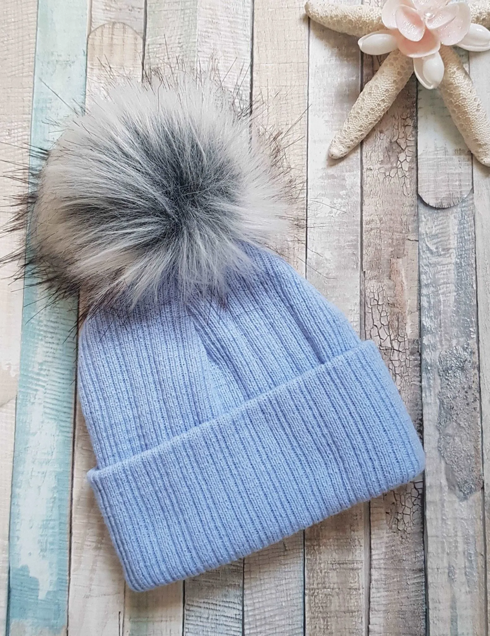 Baby Boys Knitted Blue Single Grey Faux Fur Fluffy Pom Pom Hat