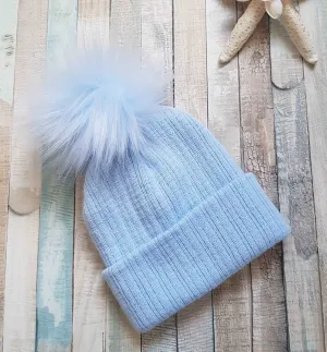 Baby Boys Knitted Single Blue Faux Fur Fluffy Pom Pom Hat