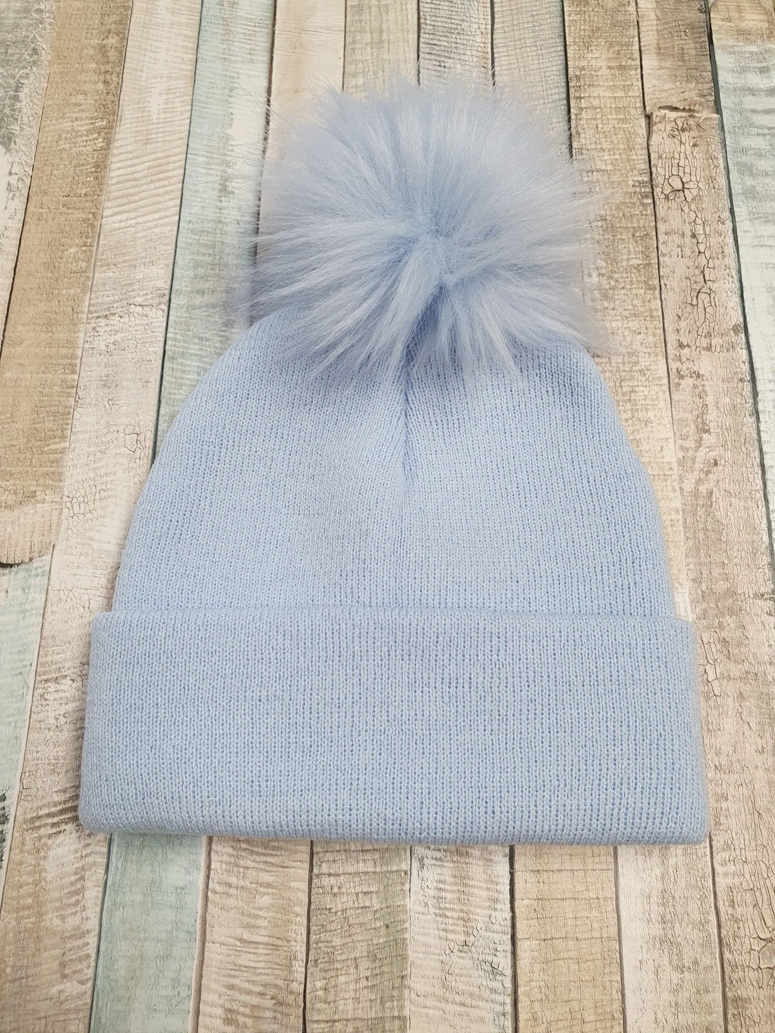 Baby Boys Knitted Single Blue Faux Fur Fluffy Pom Pom Hat