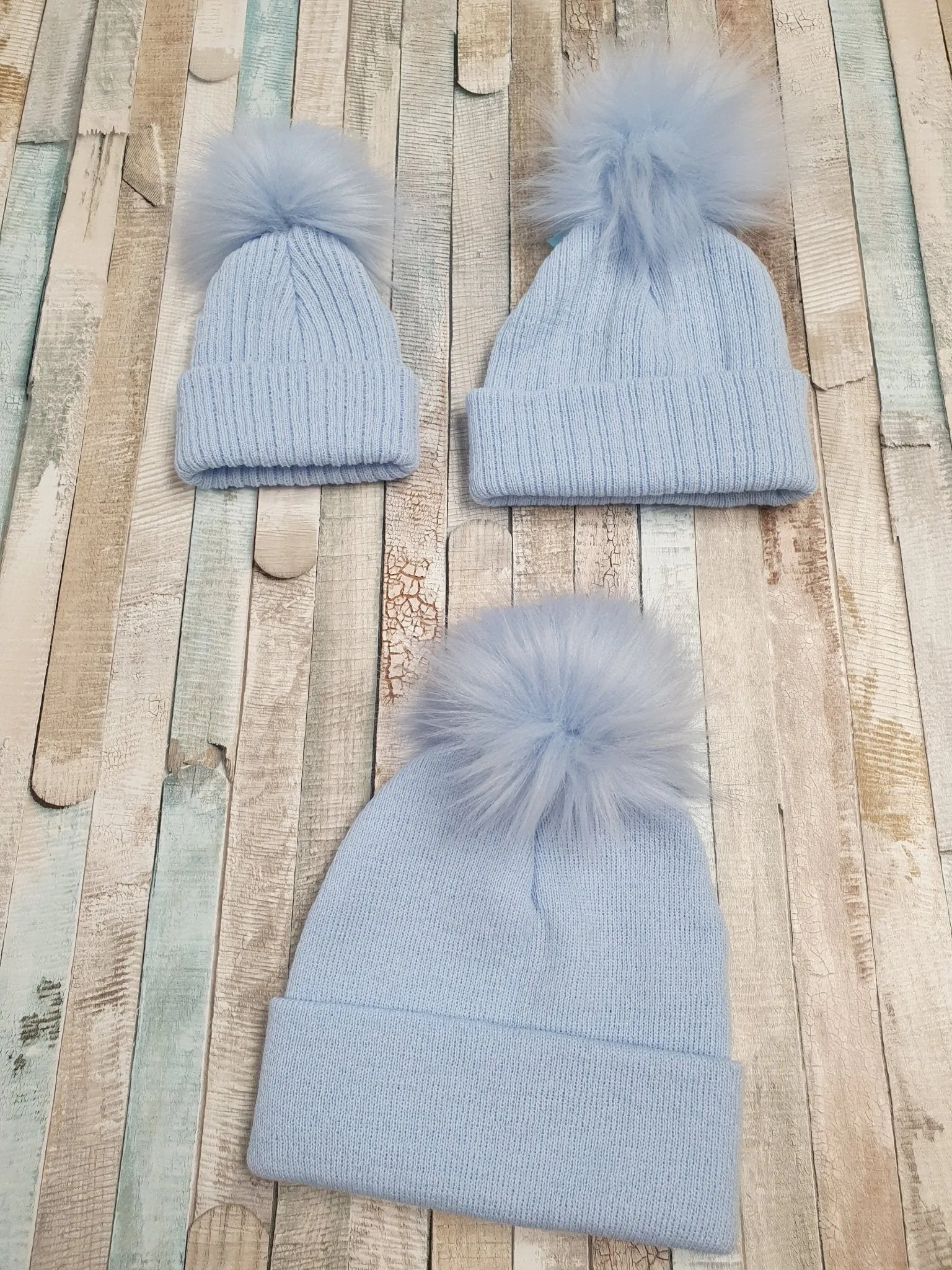 Baby Boys Knitted Single Blue Faux Fur Fluffy Pom Pom Hat