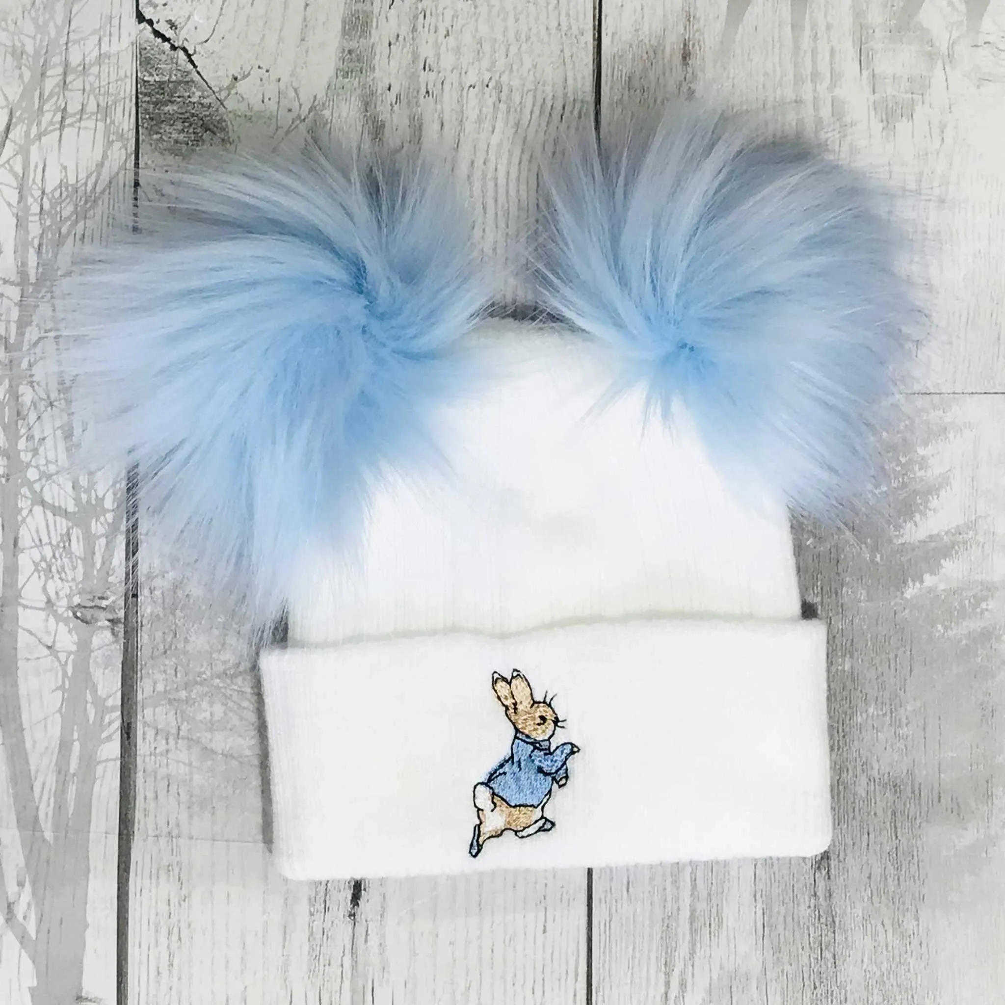 Baby Boys Rabbit Double Pom Hat - White