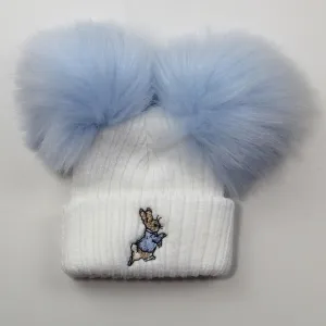 Baby Boys Rabbit Double Pom Hat - White